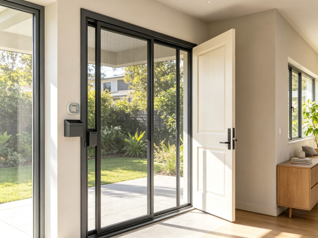 Retractable fly screen mesh installed on a modern Australian home door