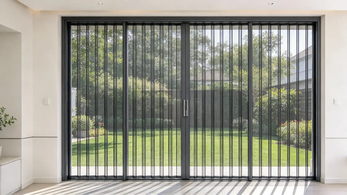 Folding screen door installed on an Australian patio doorway