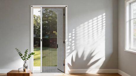 Pleated fly screen door installed on an Australian patio doorway