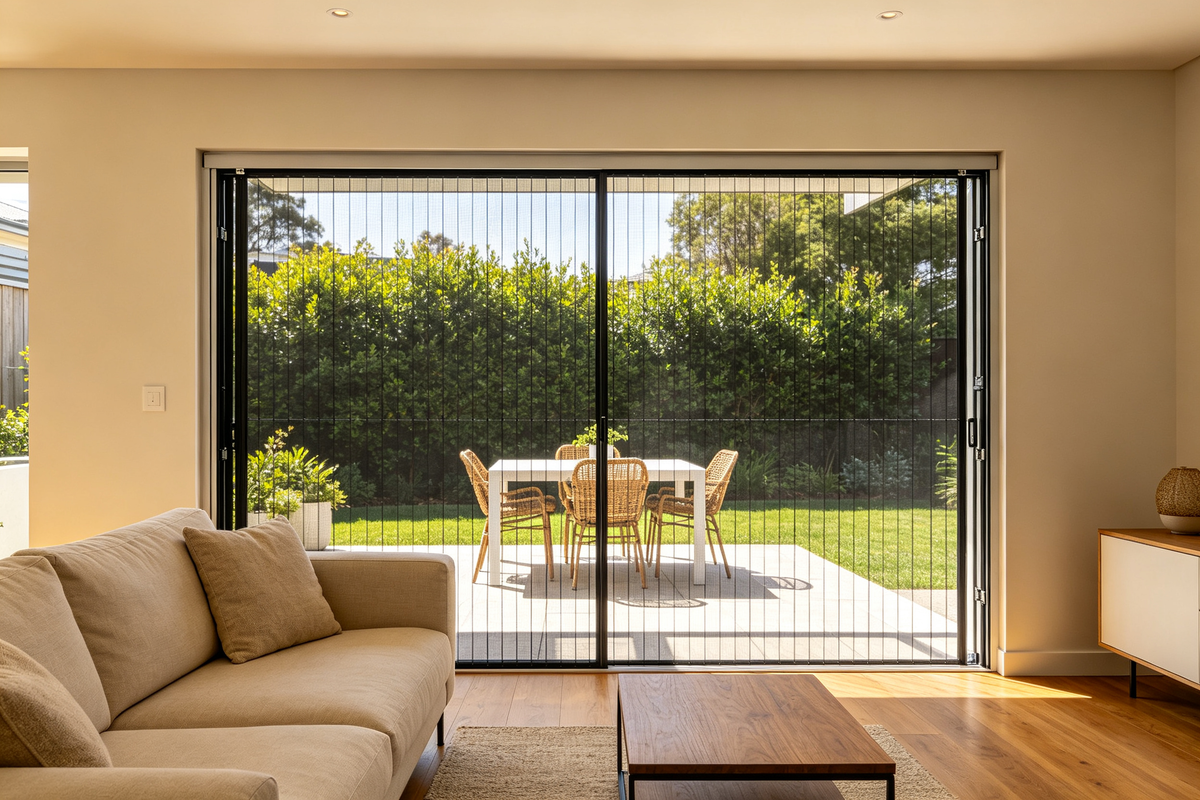 Retractable patio screen doors installed in an Australian outdoor living area